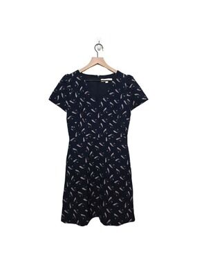 Loft Navy Feather V-Neck Short Sleeve Fit & Flare Mini Dress With Pockets Sz 2